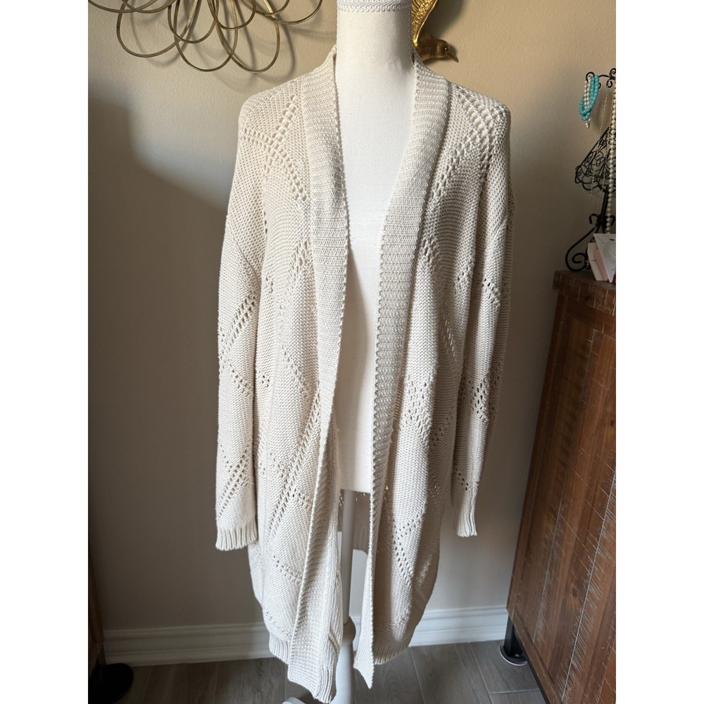 Splendid Collection Cardigan Womens M Cream 100% Cotton Open Knit Long Sweater